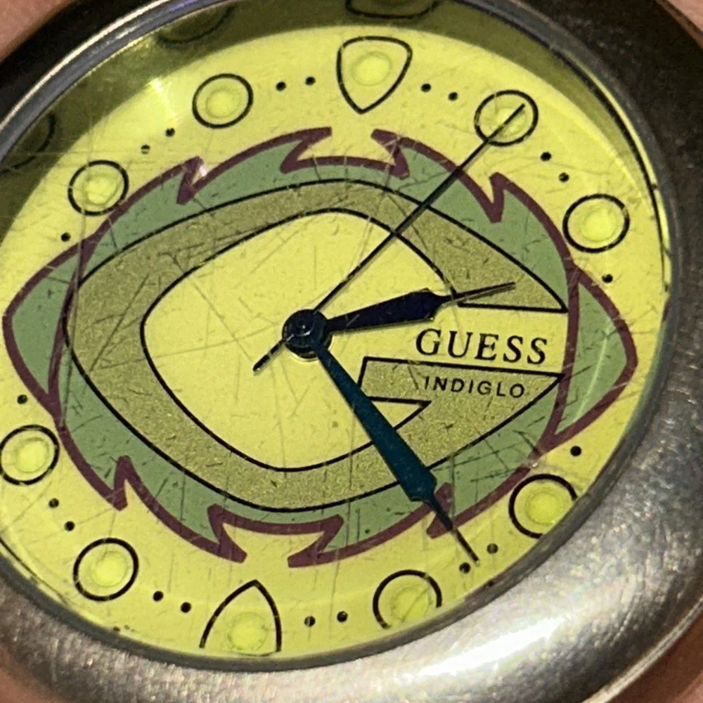 Guess Indiglo Silver Tone Multicolored Dial‎ 44mm Quartz Analog Pocket Watch E2